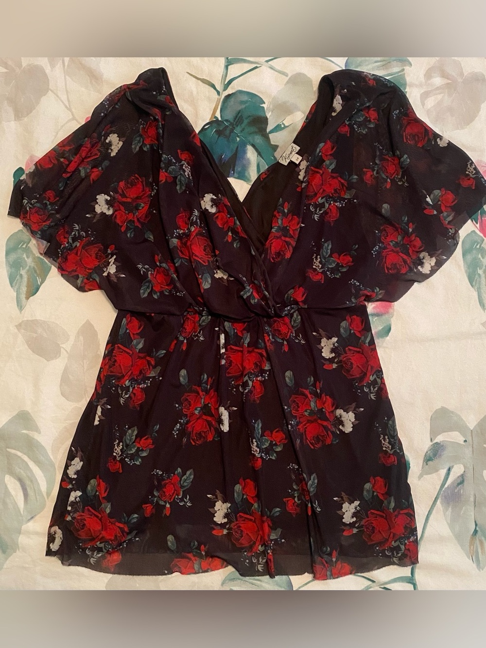 Floral Short Sleeve Blouse - Red Rose Print